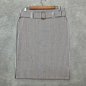 NWOT Linda Matthews Pencil Skirt Women M Navy Oatmeal Linen Blend Striped Belted
